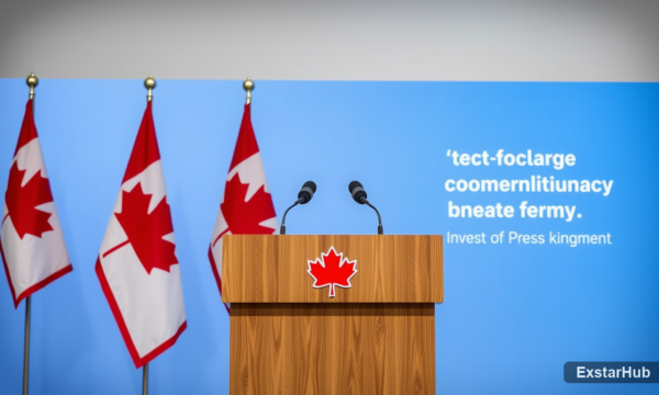 Canadian government press briefing symbolizing investment in artificial intelligence technology.