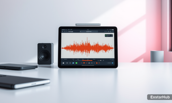 Apple iPad Pro displaying audio processing graphics showcasing Siri apple intelligence updates.