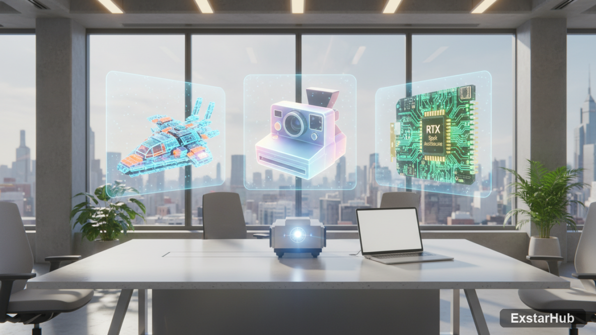 Tech devices representing recent news: a Lego set, Polaroid camera, and laptop showcasing Nvidia's RTX Spark.