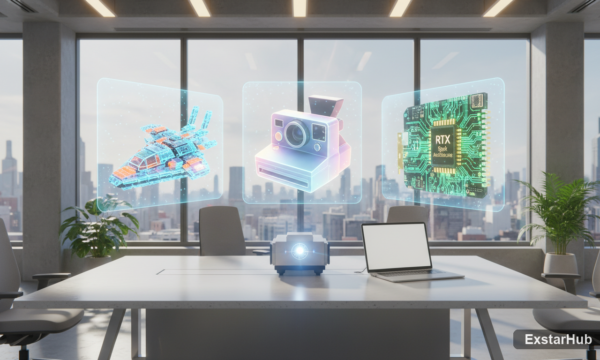 Tech devices representing recent news: a Lego set, Polaroid camera, and laptop showcasing Nvidia's RTX Spark.