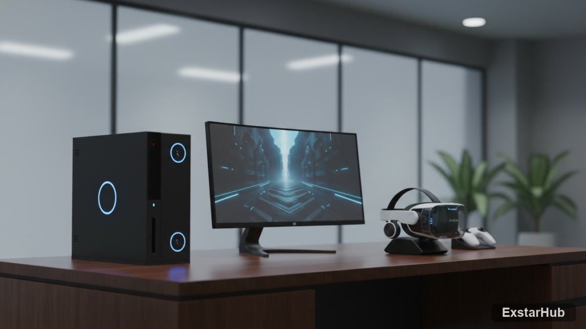 Steam Machine and Steam Frame VR headset on a workspace table.