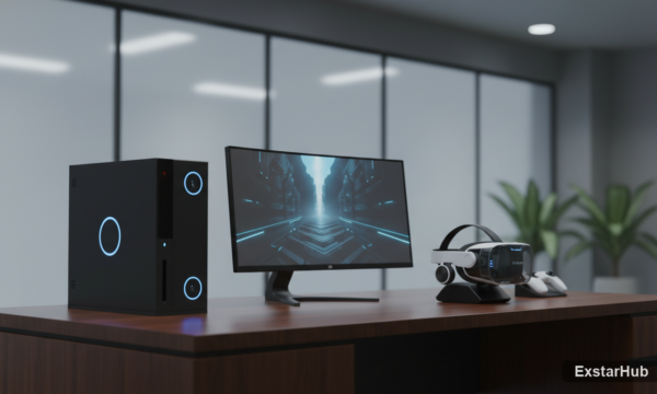 Steam Machine and Steam Frame VR headset on a workspace table.