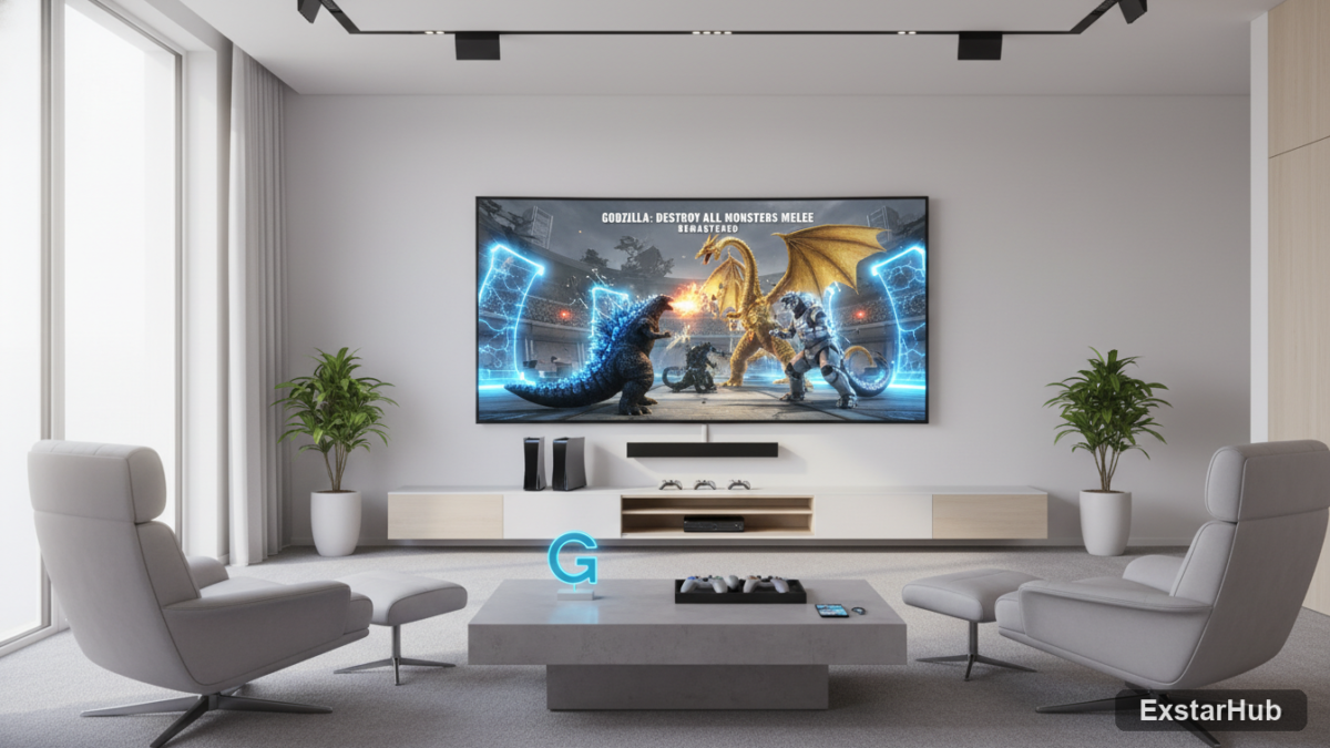 Godzilla: Destroy All Monsters Melee Remastered trailer displayed on a screen in a modern gaming room.
