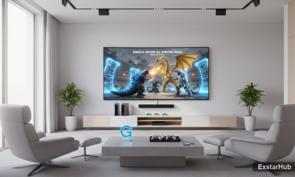 Godzilla: Destroy All Monsters Melee Remastered trailer displayed on a screen in a modern gaming room.
