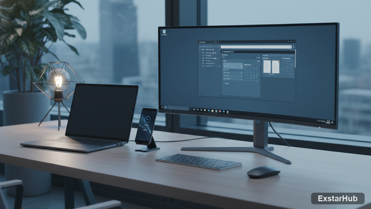 Samsung phone connected wirelessly to external monitor for DeX productivity