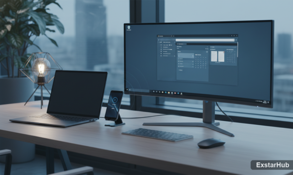 Samsung phone connected wirelessly to external monitor for DeX productivity