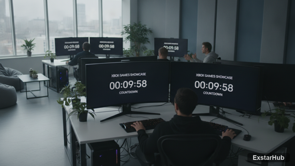 Xbox Games Showcase countdown timer displayed on monitors in a gaming studio.