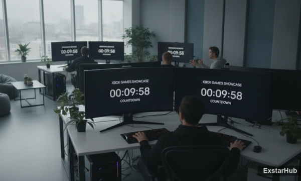Xbox Games Showcase countdown timer displayed on monitors in a gaming studio.
