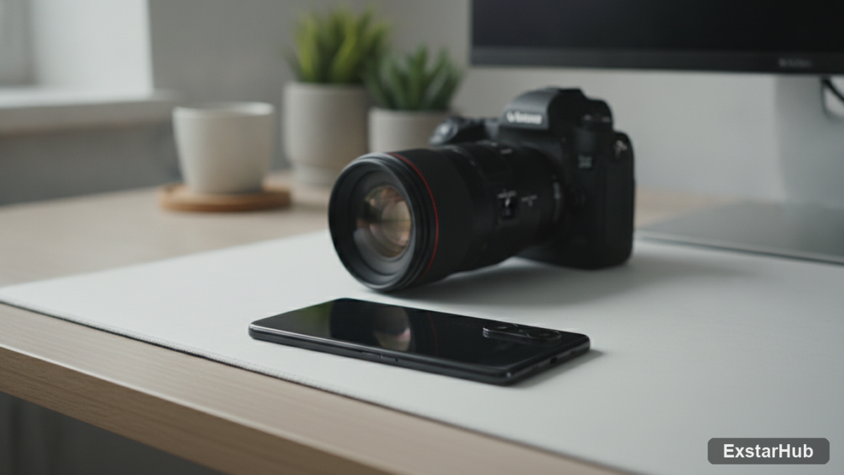 Vivo X300 Ultra smartphone and DSLR camera in a modern workspace, showcasing mobile photography capabilities.