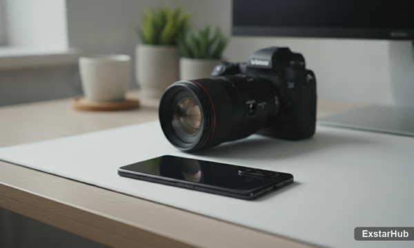 Vivo X300 Ultra smartphone and DSLR camera in a modern workspace, showcasing mobile photography capabilities.