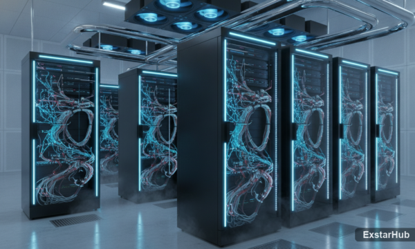 Modern server room representing AI infrastructure and technological advancement.