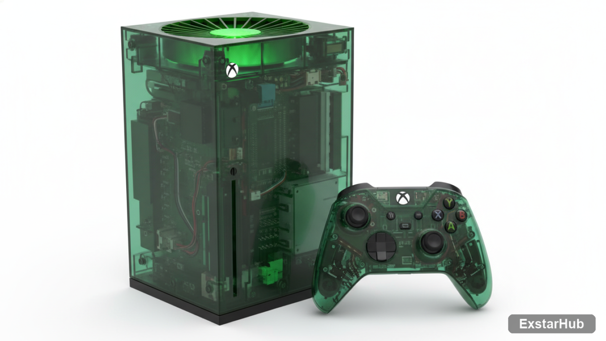 Xbox 25th anniversary console and controller with translucent green design.