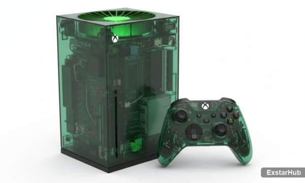 Xbox 25th anniversary console and controller with translucent green design.