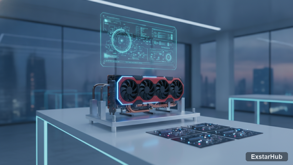Radeon graphics card on a test bench representing the anticipated AMD RDNA 5 GPU launch.