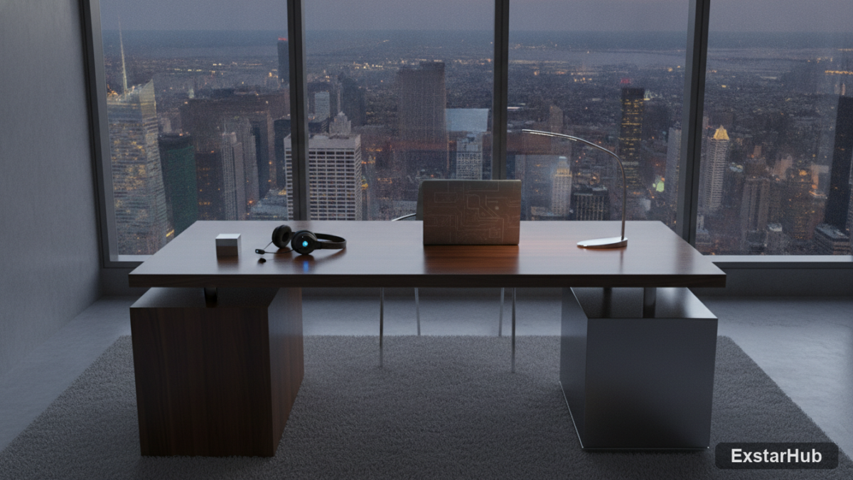 James Bond game office space with headset symbolizing espionage and tech.