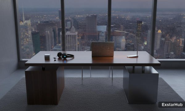 James Bond game office space with headset symbolizing espionage and tech.