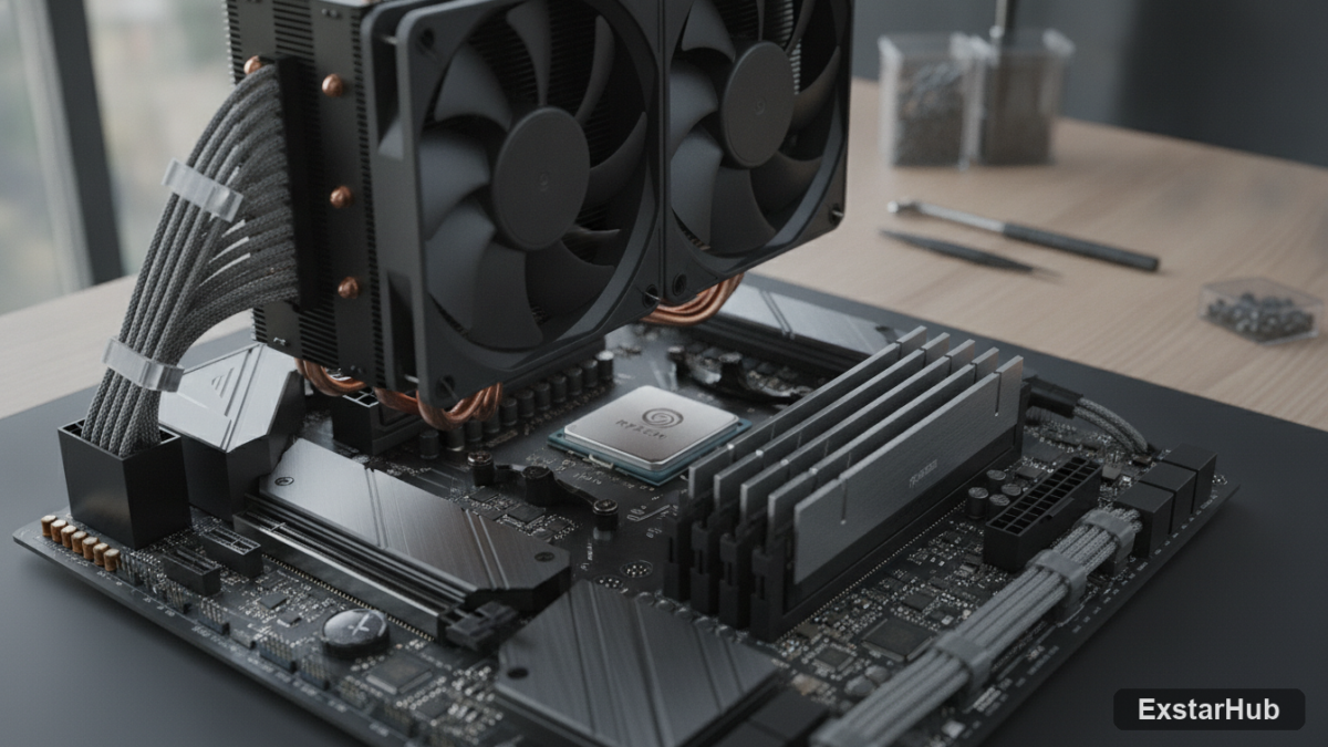 Ryzen 9 7950X3D processor installed on a motherboard, showcasing precision and hardware engineering.
