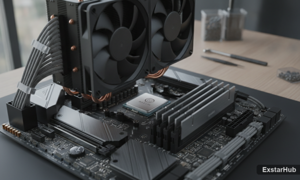 Ryzen 9 7950X3D processor installed on a motherboard, showcasing precision and hardware engineering.
