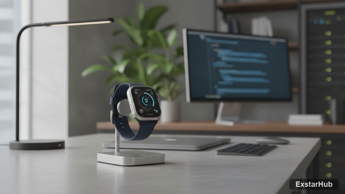 Apple Watch Series 10 Ultra on charging stand showcasing watchOS 27 siri ai features.