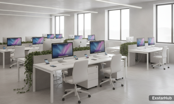 Apple hardware and devices in a modern workspace showcasing Apple siri ai integration.