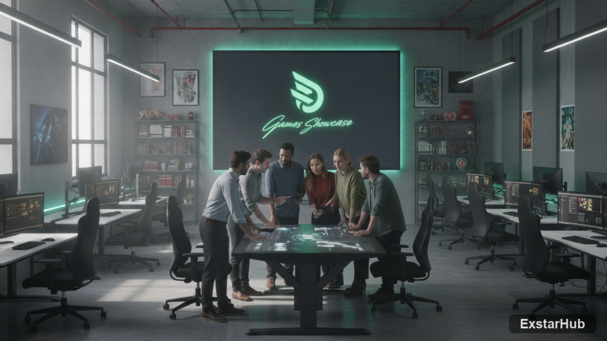 Xbox Games Showcase development studio with game plans and a large screen.
