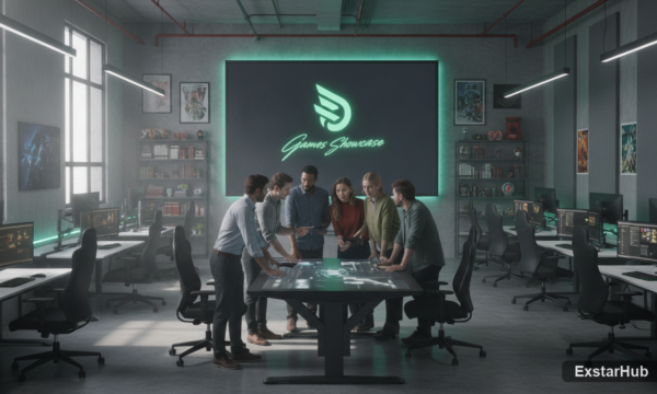 Xbox Games Showcase development studio with game plans and a large screen.