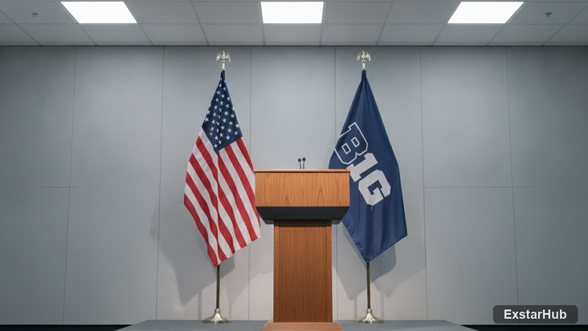 Big Ten conference flags and a press briefing podium symbolizing the discussion of a potential sports ban.