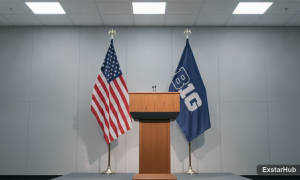 Big Ten conference flags and a press briefing podium symbolizing the discussion of a potential sports ban.