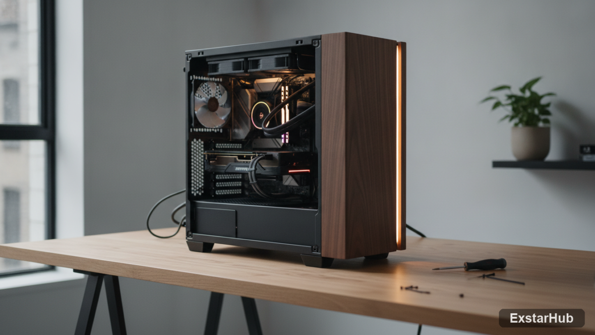 Custom PC build with wooden case accents and components.