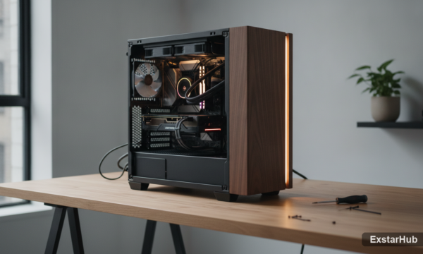 Custom PC build with wooden case accents and components.