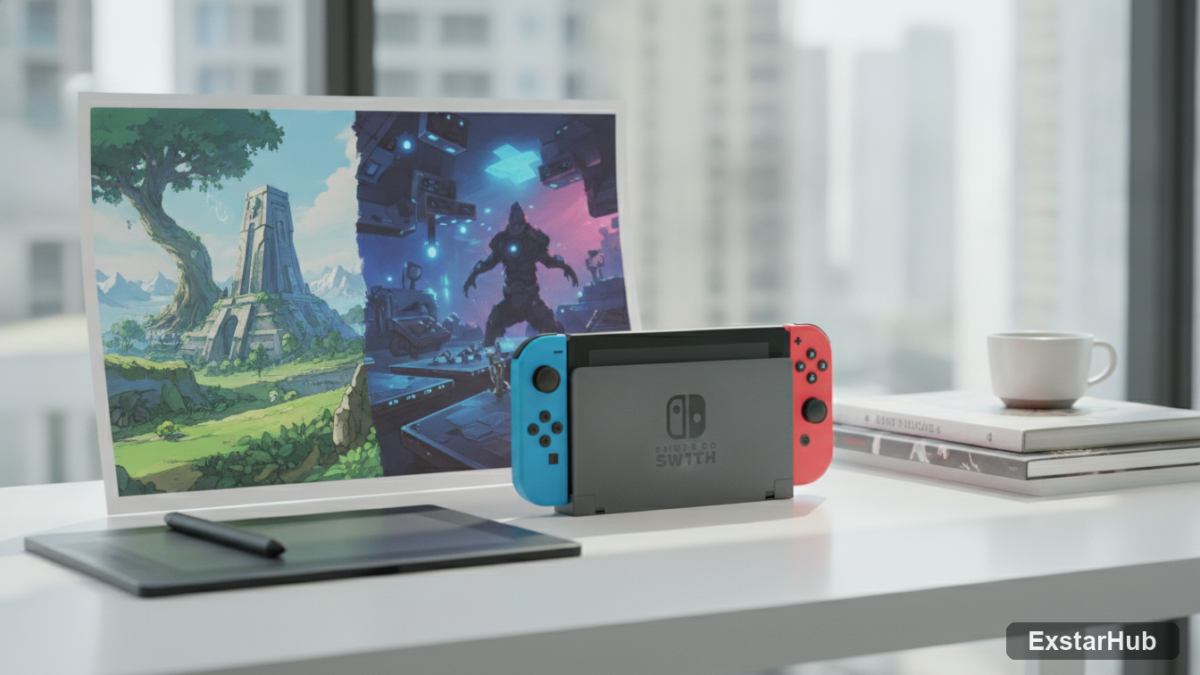 Nintendo Switch console and concept art representing upcoming games from Nintendo Direct Summer 2026