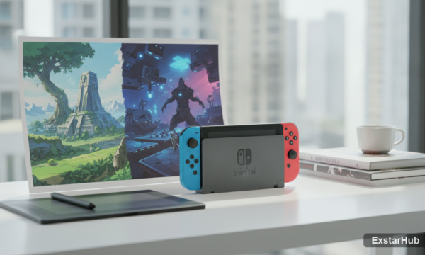 Nintendo Switch console and concept art representing upcoming games from Nintendo Direct Summer 2026