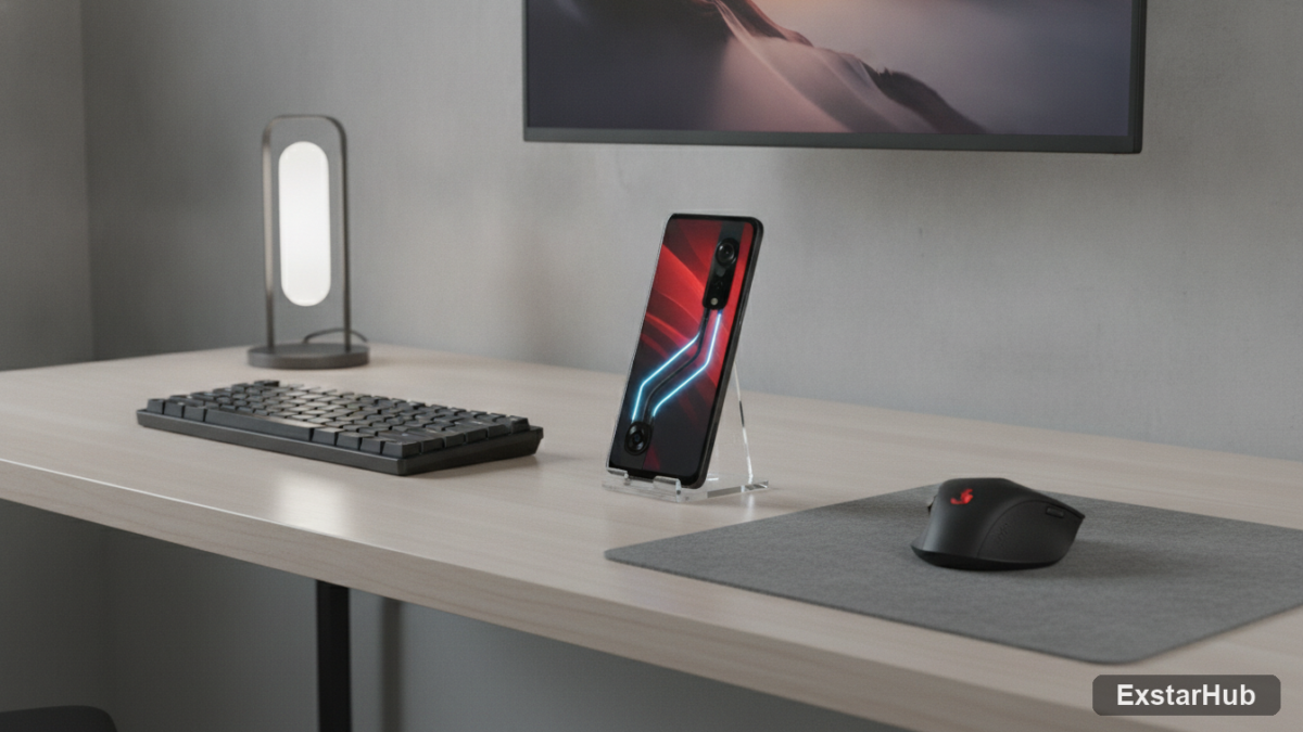 Redmagic 11S Pro gaming smartphone on a modern desk.