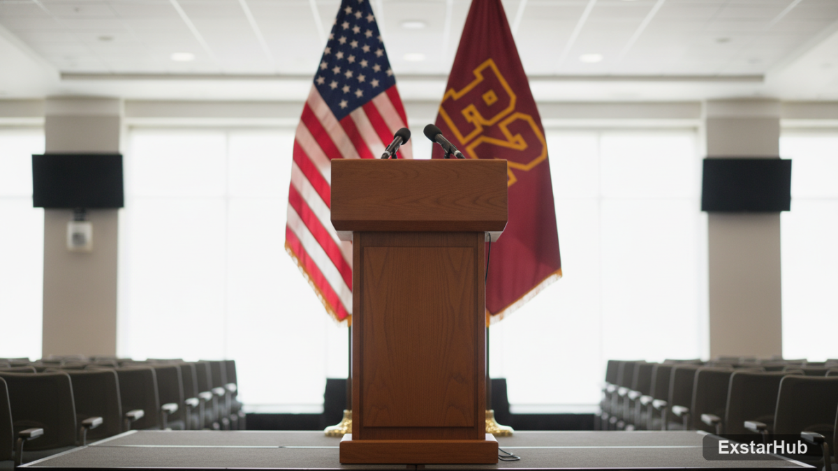 Big 12 conference flags and podium representing the discussions around Sorsby ruling.