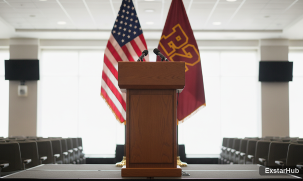 Big 12 conference flags and podium representing the discussions around Sorsby ruling.