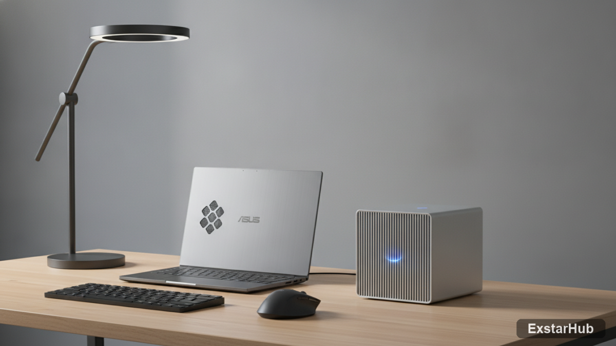 ASUS ProArt laptop and Mini PC in a modern workspace.