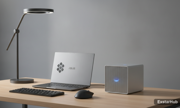 ASUS ProArt laptop and Mini PC in a modern workspace.