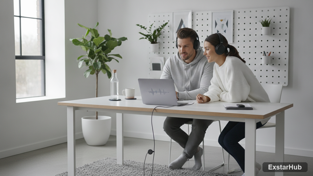 Two people sharing audio from a laptop in a modern workspace – Microsoft June 2026 Patch Tuesday.