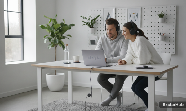 Two people sharing audio from a laptop in a modern workspace – Microsoft June 2026 Patch Tuesday.