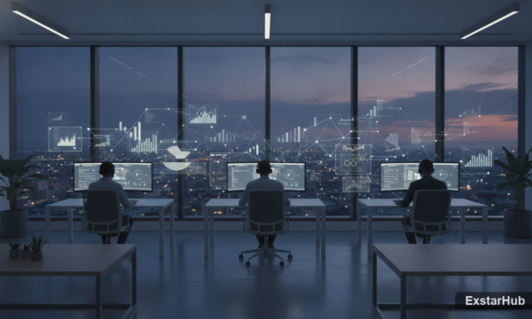 Modern office scene representing big tech ai investment and financial technology.