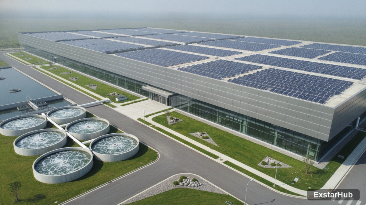 Exterior of a large AI data center in India featuring solar panels and water treatment.
