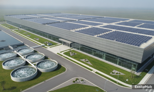Exterior of a large AI data center in India featuring solar panels and water treatment.