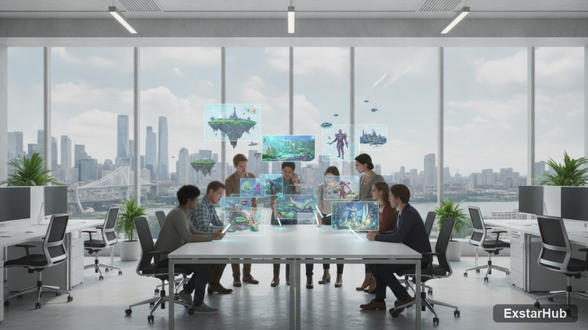 AI game studio workspace with holographic projections of RPG landscapes and character designs.
