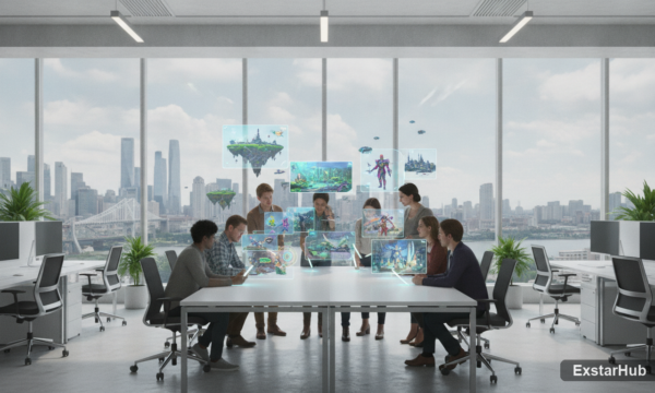 AI game studio workspace with holographic projections of RPG landscapes and character designs.