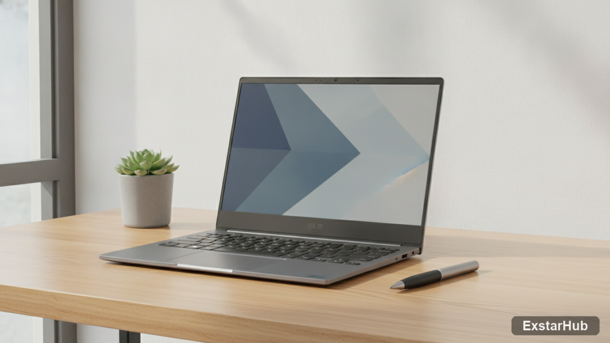 Asus ExpertBook Ultra laptop on a modern desk with pen and plant, showcasing its premium design.