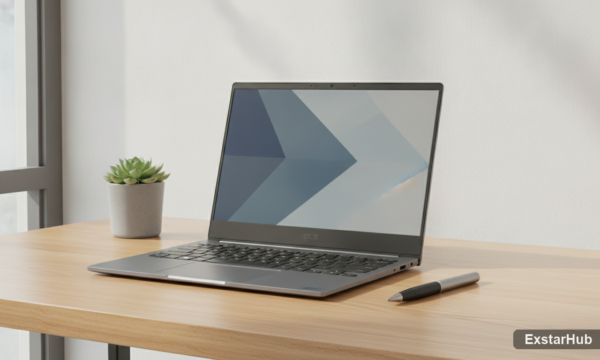 Asus ExpertBook Ultra laptop on a modern desk with pen and plant, showcasing its premium design.