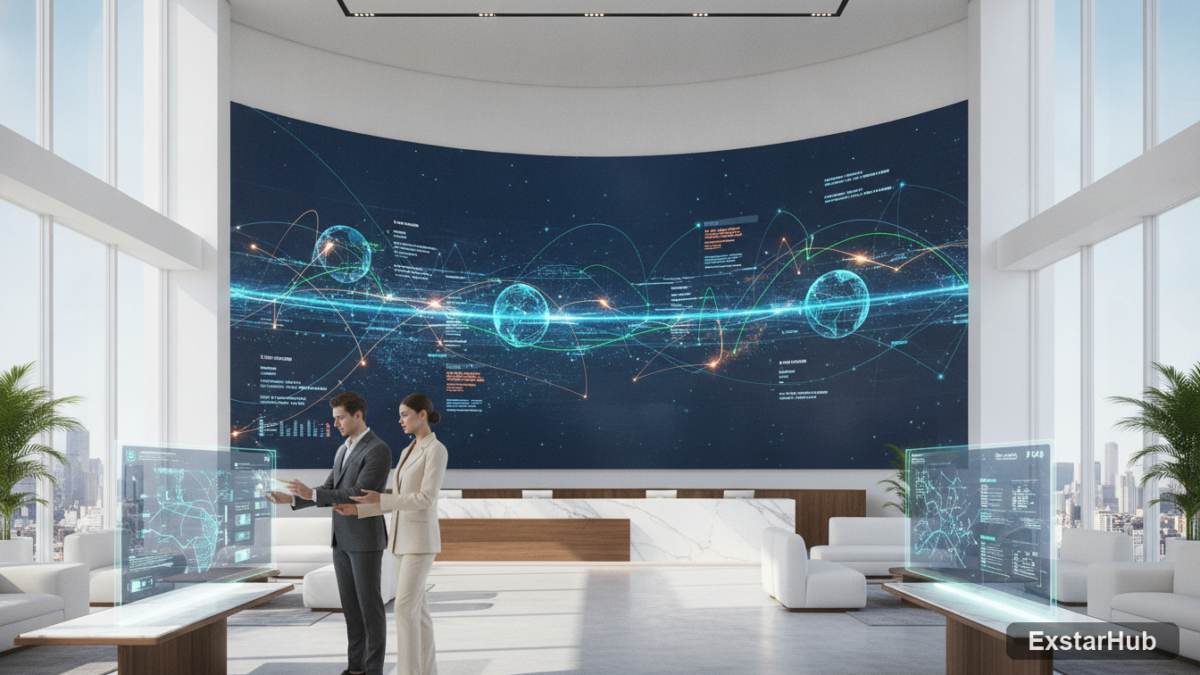 Hotel lobby with data visualizations showcasing AI-driven travel planning.
