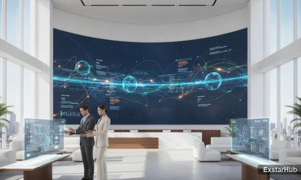 Hotel lobby with data visualizations showcasing AI-driven travel planning.