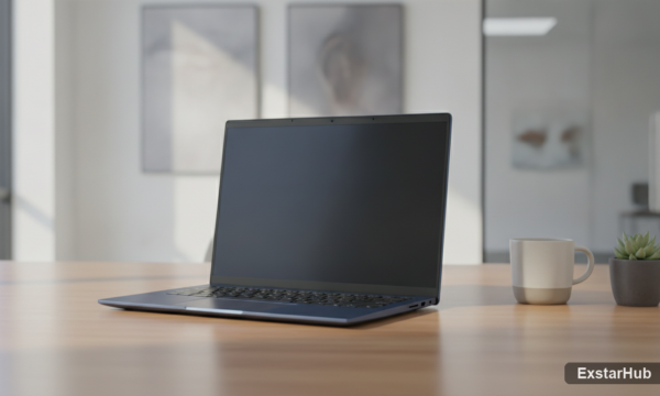 ASUS Zenbook A14 laptop on a desk showcasing its slim design and modern aesthetic.