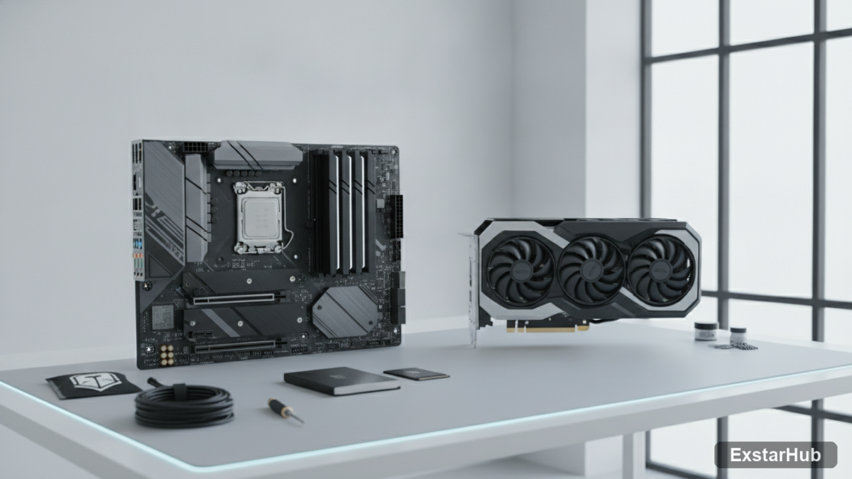 PC components arranged for a custom build, showcasing the latest technology.